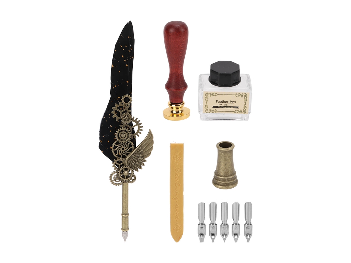 Juego de pluma estilográfica de estilo retro, elegante y refinado, con punta de acero inoxidable, resistente al desgaste, color negro.