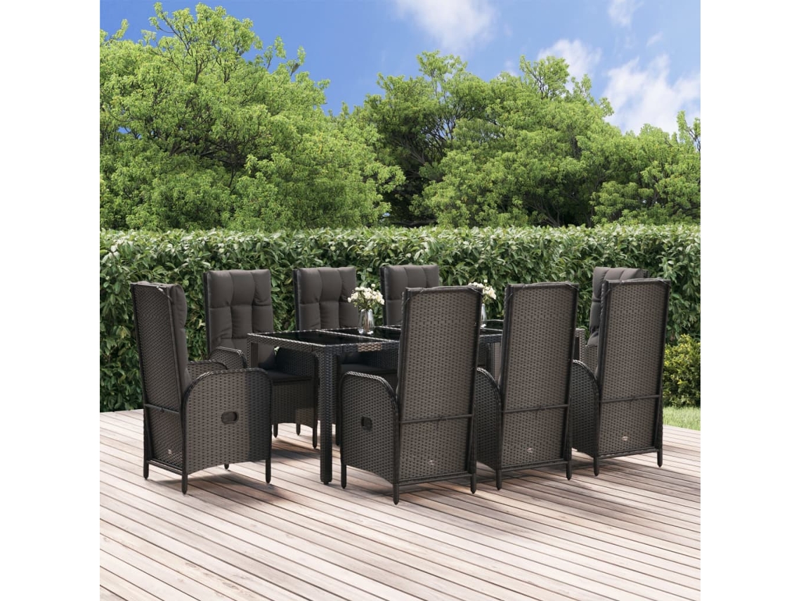 Juego de comedor de jardín de 9 piezas con cojines de mimbre negro/gris de DKD Home Decor