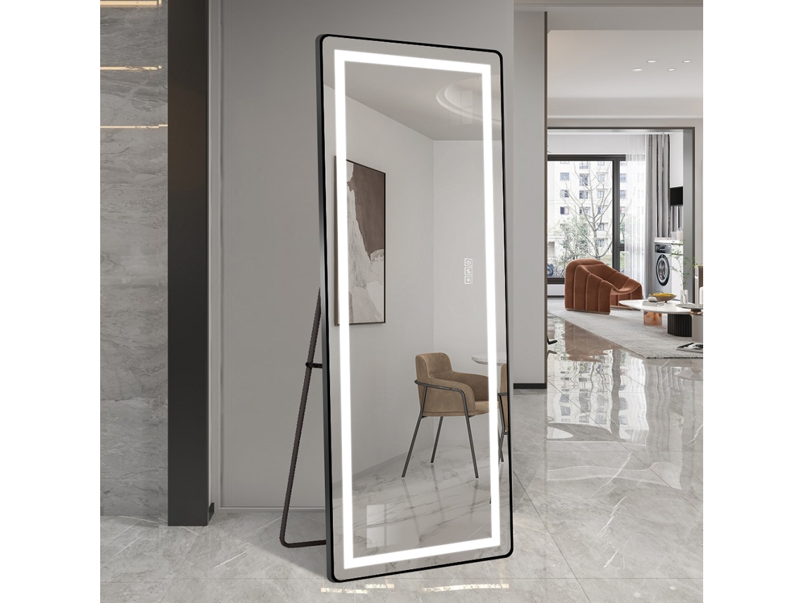 Espejo vertical BGA STORE con iluminación LED, cuerpo entero, con soporte, ajustable, marco fino negro (163 x 54 cm)