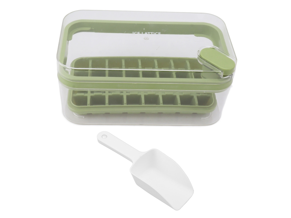 Bandeja De Hielo Con Tapa Y Cucharita 32 Cubos Plástico Verde Para Freezer