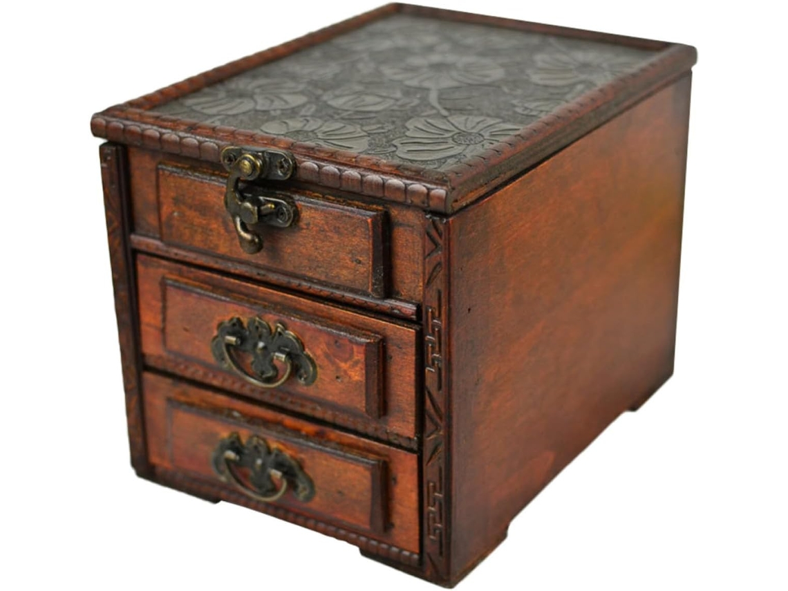 Delicado Exquisito Joyero Madera Espejo Marrón Estilo Retro Almacenamiento Mujer Oficina Decoración Caja