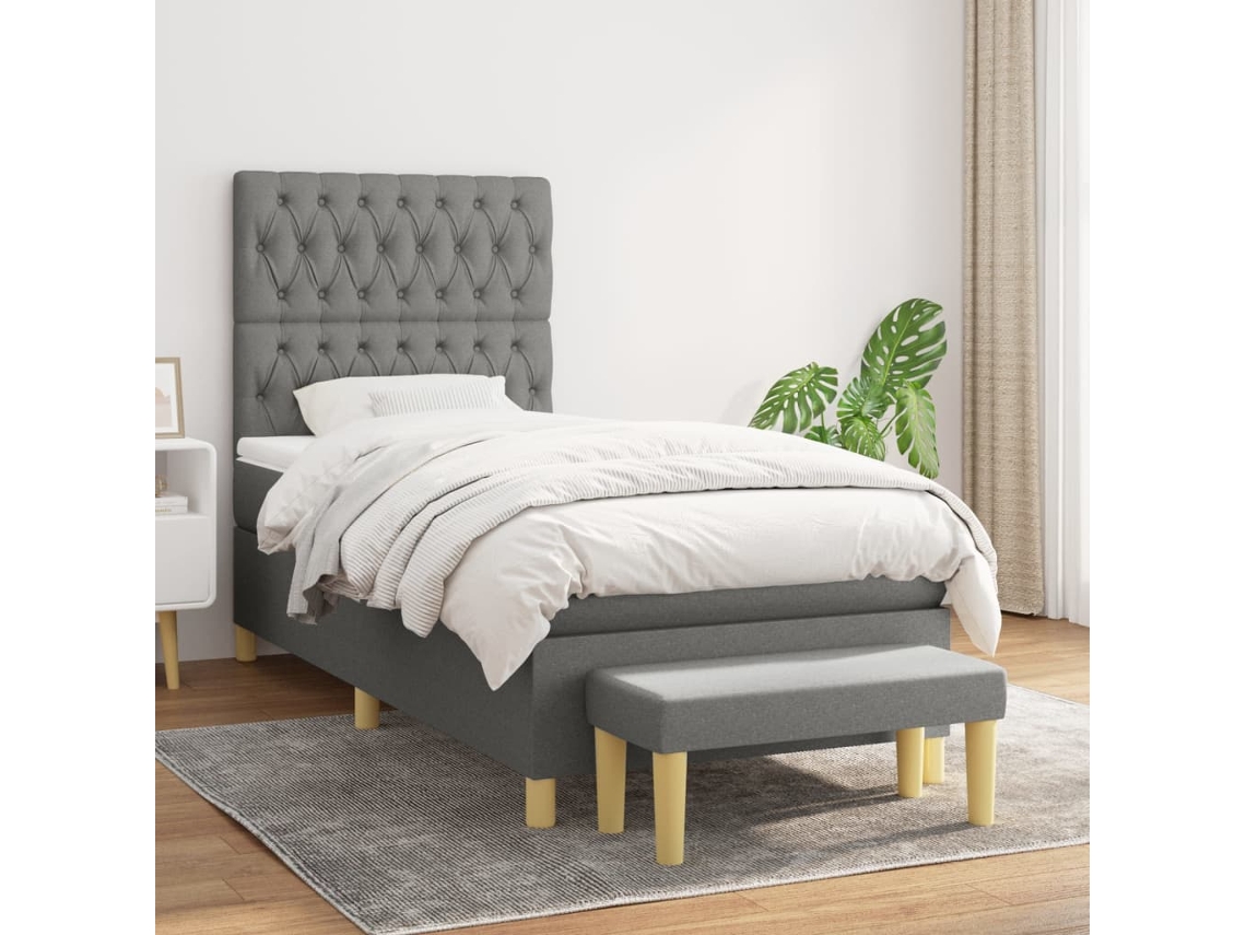 Cama Box Spring Con Colchón Tela Gris Oscuro 90x200 Cm