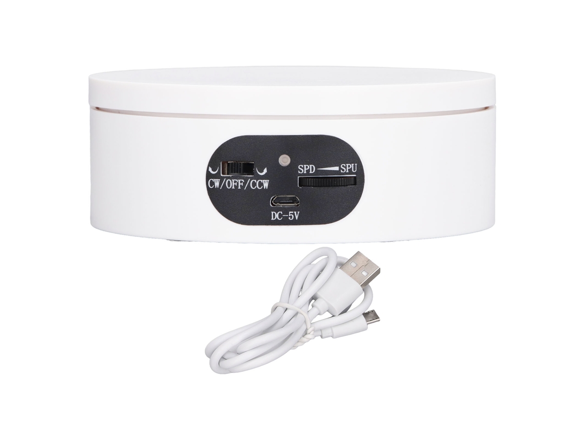 Plataforma giratoria para fotografía de 360°, capacidad de 5.5 lb, control de velocidad y batería, color blanco