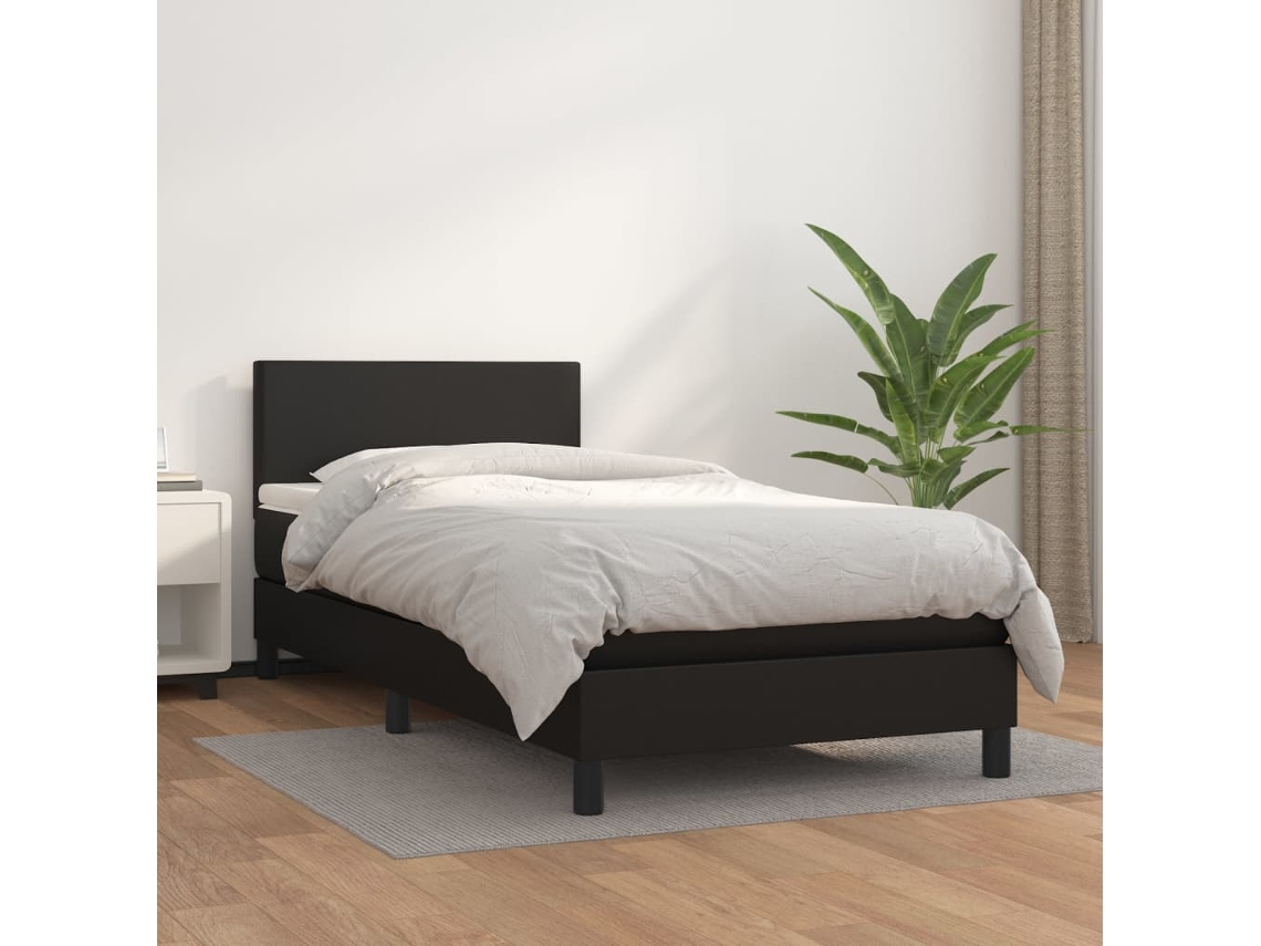 Cama Box Spring Con Colchón Cuero Sintético Negro 90x190 Cm