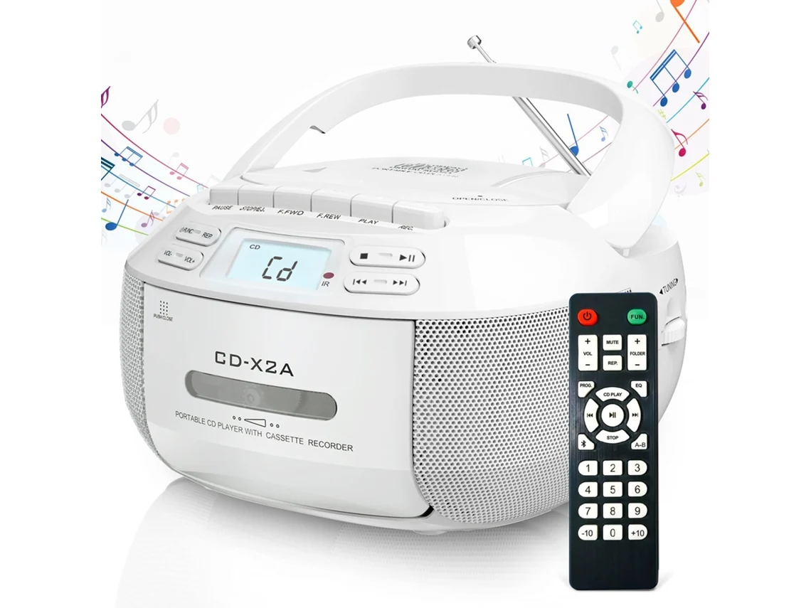 Reproductor de CD portátil Yuysan X2a, reproductor de casetes, Bluetooth, multifuncional, USB, grabadora, repetición AB, blanco