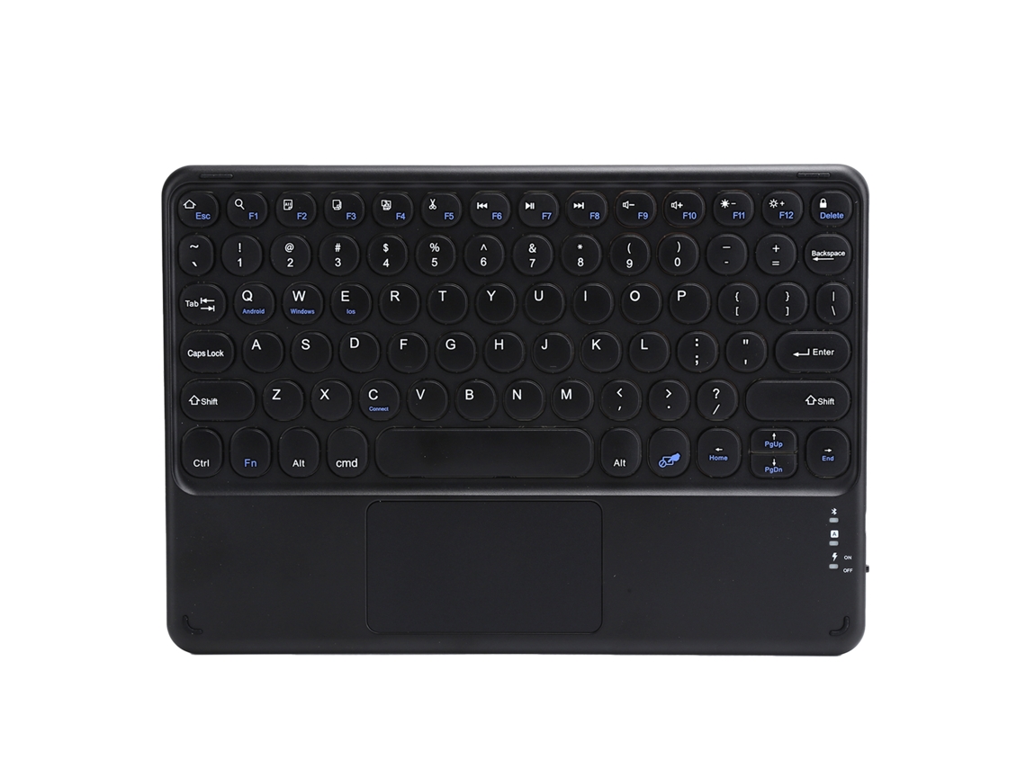 Teclado inalámbrico Bluetooth con control táctil y botón redondo para Windows/iOS/Android, color negro y dorado.