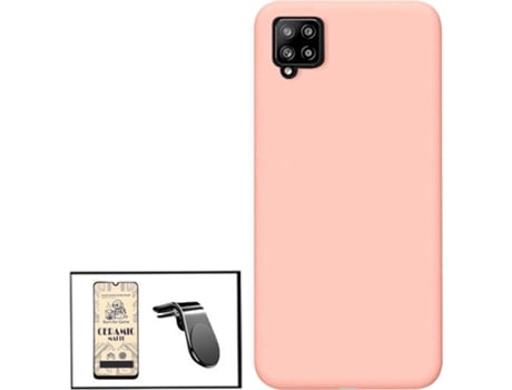 Kit Cristal Templado CeramicGlass Full Cover, Funda Silicona y Soporte Magnético L Safe Driving Coche Samsung Galaxy A42 5G PHONECARE Rosa