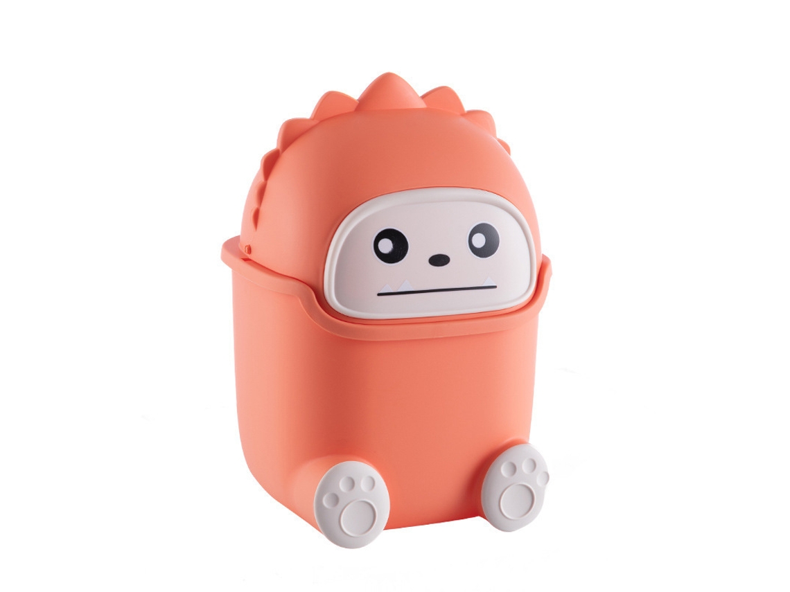 Adorable Mini Papelera De Plástico Para Mesa Con Tapa, Ideal Para La Sala De Estar, El Comedor O El Hogar. Pequeño Monstruo Naranja.