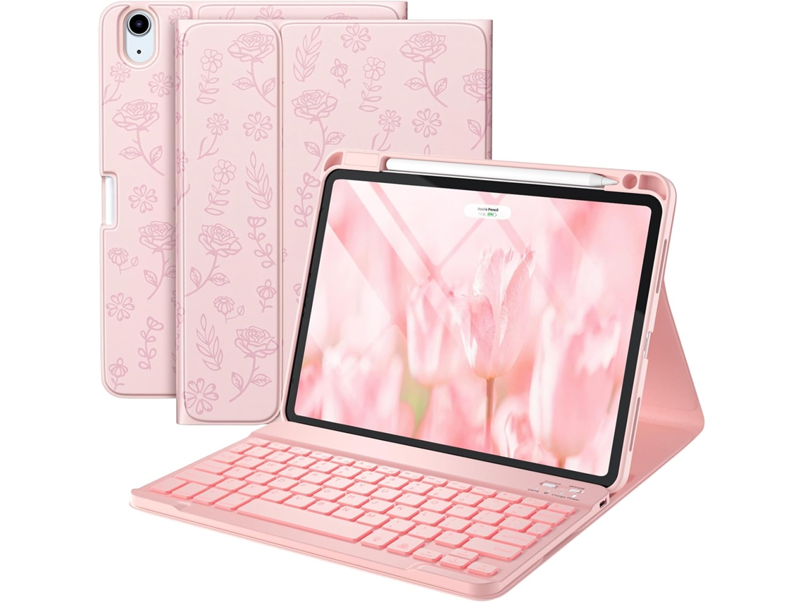Funda con teclado tipo folio para iPad Air 11, teclado retroiluminado extraíble y portalápices, iPad Air de 5.ª y 4.ª generación, Viewleaf Floral Pink