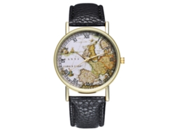 Reloj De Pulsera De Cuarzo Zhoulianfa De Piel Sintética Con Estampado De Mapa Mundial, Unisex, Negro.
