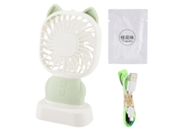Ventilador USB portátil con aromaterapia y luz nocturna verde.