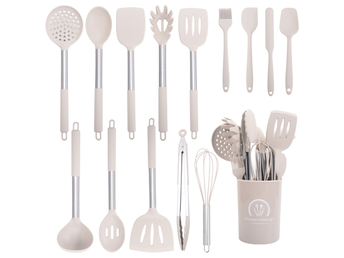 Juego De Utensilios De Cocina De Silicona Resistentes Al Calor 15 Piezas Con Asas De Acero Inoxidable Para Cocinar Y Hornear Color Caqui Cuich