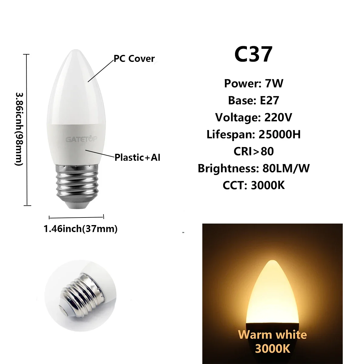 Bombillas Led (c37 7w E27 3000k) Paquete De 10 Unidades, Ideales Para La Decoración Del Hogar, El Estudio Y El Baño.