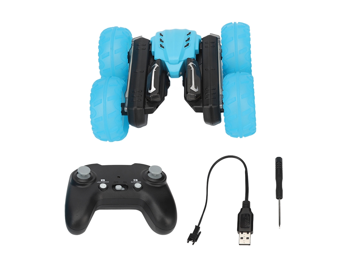 Coche acrobático teledirigido de alta velocidad 2.4G con efecto floral y doble pantalla para niños mayores de 8 años - Azul