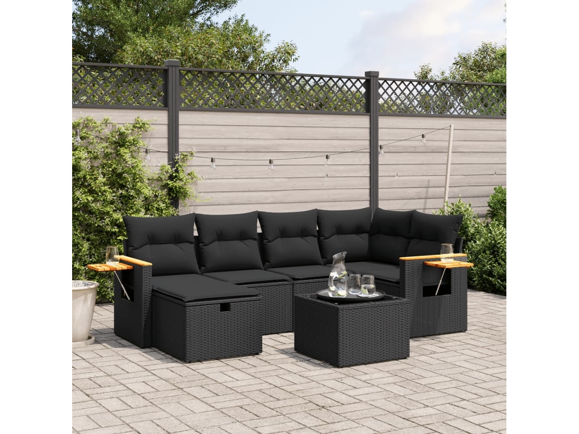 Conjunto de sofá de jardín de 7 piezas con cojines de mimbre negro de DKD Home Decor
