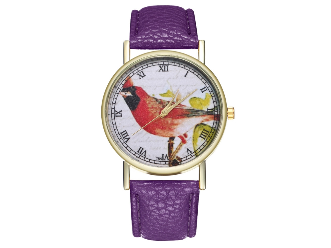 Reloj De Pulsera De Cuarzo Para Mujer, Estilo Clásico Moderno, Con Correa De Piel Sintética Y Estampado De Pájaros Morados.