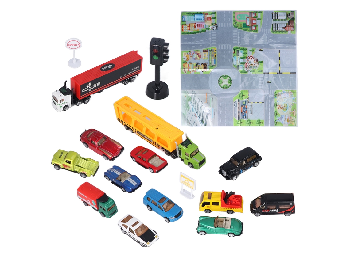 Rebe-conjunto De 14 Coches De Metal Para Niños, Juguetes Educativos Con Mapa, Semáforo Y Señales De Tráfico, Regalo Para Niños