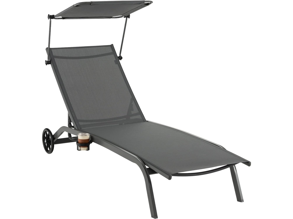 Tumbona Jardin Reclinable 6 Niveles, 2 Ruedas, Tumbona Playa Parasol Ajustable y Portavasos, 191 x 61 x 96cm, Carga 150kg, ExteriorTerraza Balcón Piscina (Gris) COSTWAY