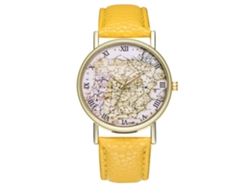 Reloj De Pulsera Unisex Zhoulianfa De Piel Sintética Con Estampado De Mapa Y Diseño De Cuarzo Amarillo.
