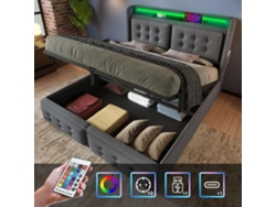 Cama Con Almacenaje De Tela De Lino De 180x200 Cm - Con Led Y Puertos De Carga - Gris