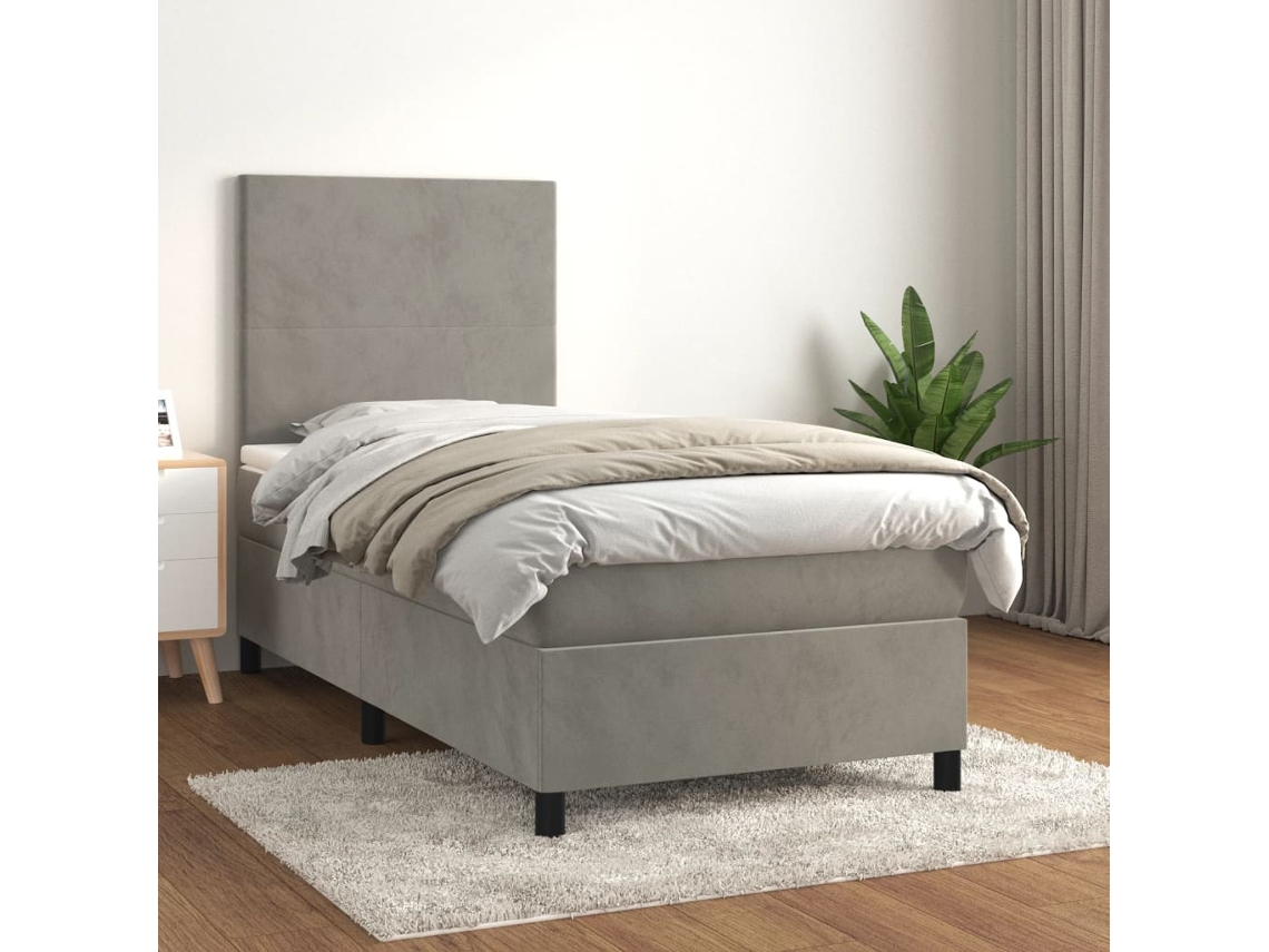 Cama Box Spring Con Colchón Terciopelo Gris Claro 90x190 Cm