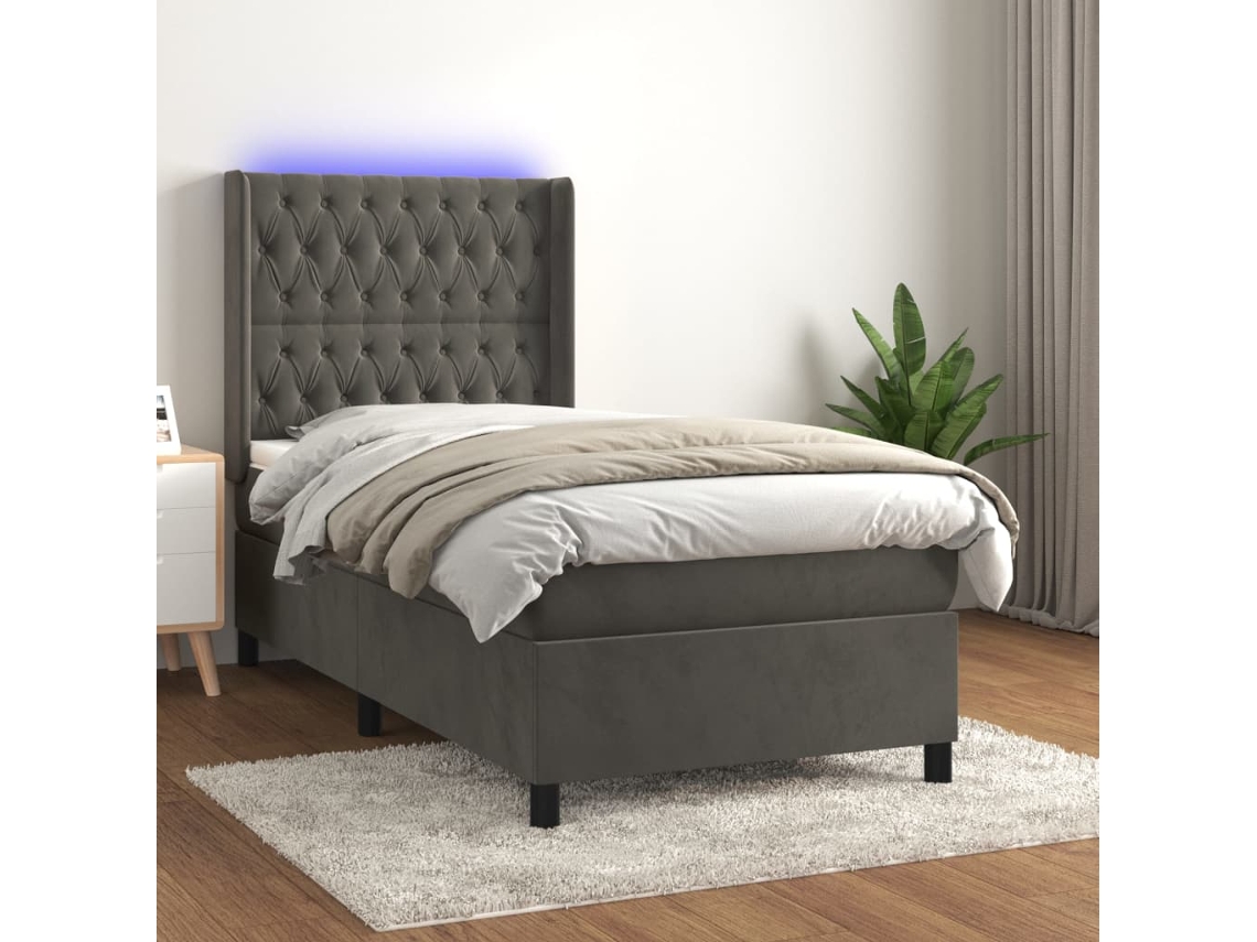 Cama Box Spring Colchón Y Led Terciopelo Gris Oscuro 100x200 Cm