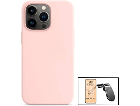 Kit Cristal Templado CeramicGlass Full Cover, Funda Silicona Liquida y Soporte Magnético L Safe Driving Coche Apple iPhone 13 PHONECARE Rosa