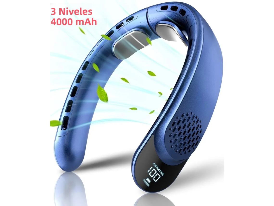 Ventilador de cuello USB, procesador de cuatro núcleos, diseño sin ventosa, batería de 4000 mAh Mdug (versión azul actualizada)