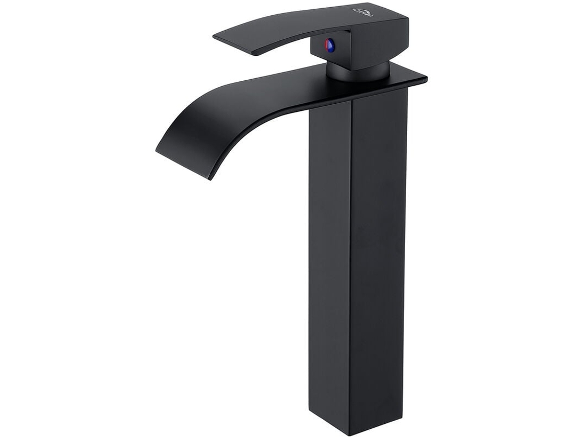 JILLIOPER Grifo contemporáneo del fregadero de baño, control de mango único con boquilla de cascada alta, construcción de acero inoxidable 304, acabado negro ma
