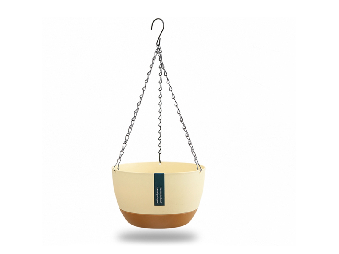 Maceta colgante con dos cadenas y depósito de absorción de agua automático, ideal para balcones y uso interior.