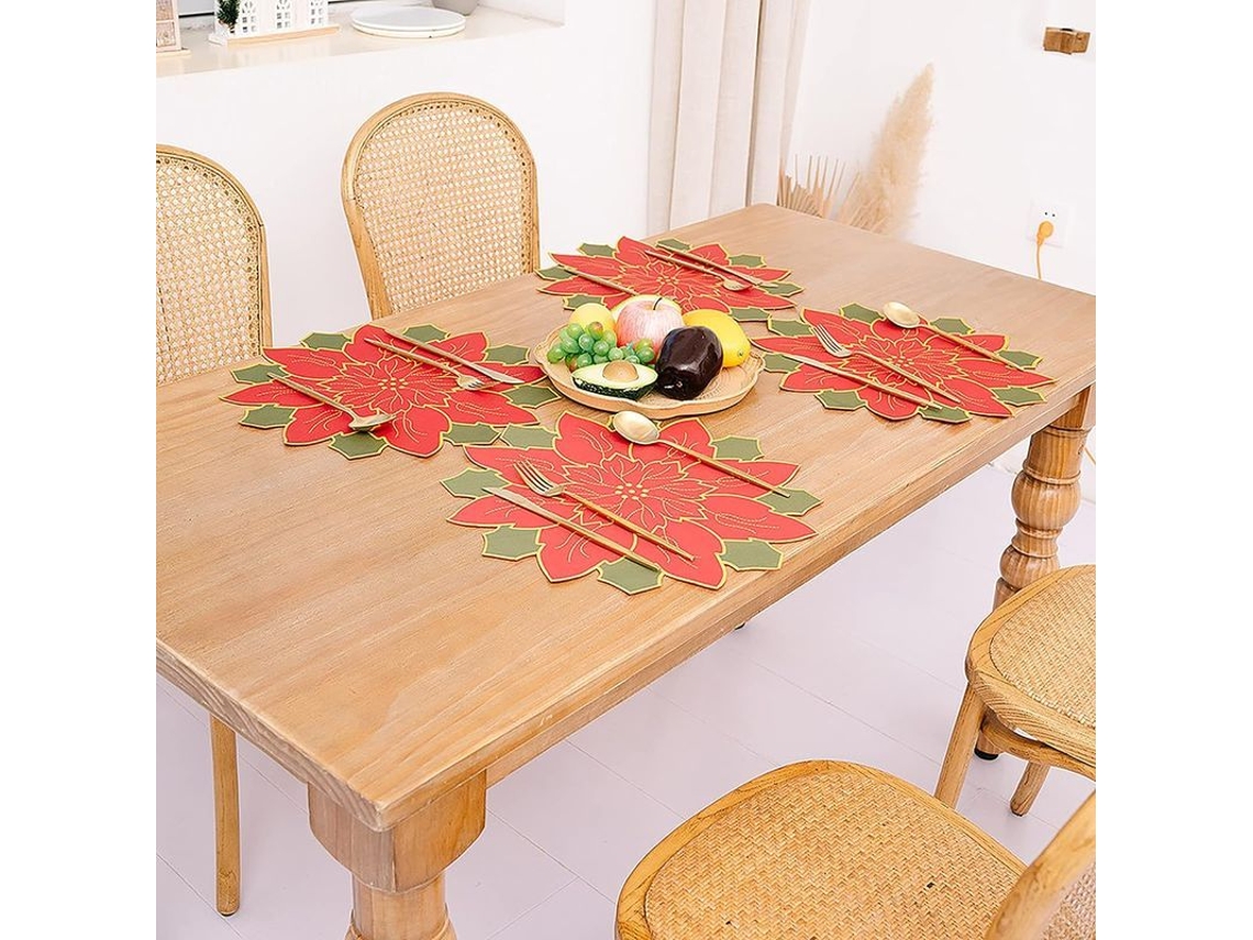 Juego De 4 Manteles Individuales Navideños Con Flores De Pascua Rojas Y Verdes Y Flores Navideñas.