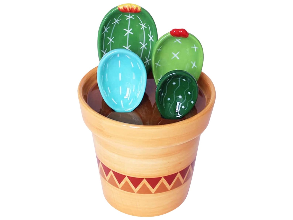 Juego de 4 cucharas medidoras de porcelana con base, con forma de cactus, ideales para cocinar en casa.