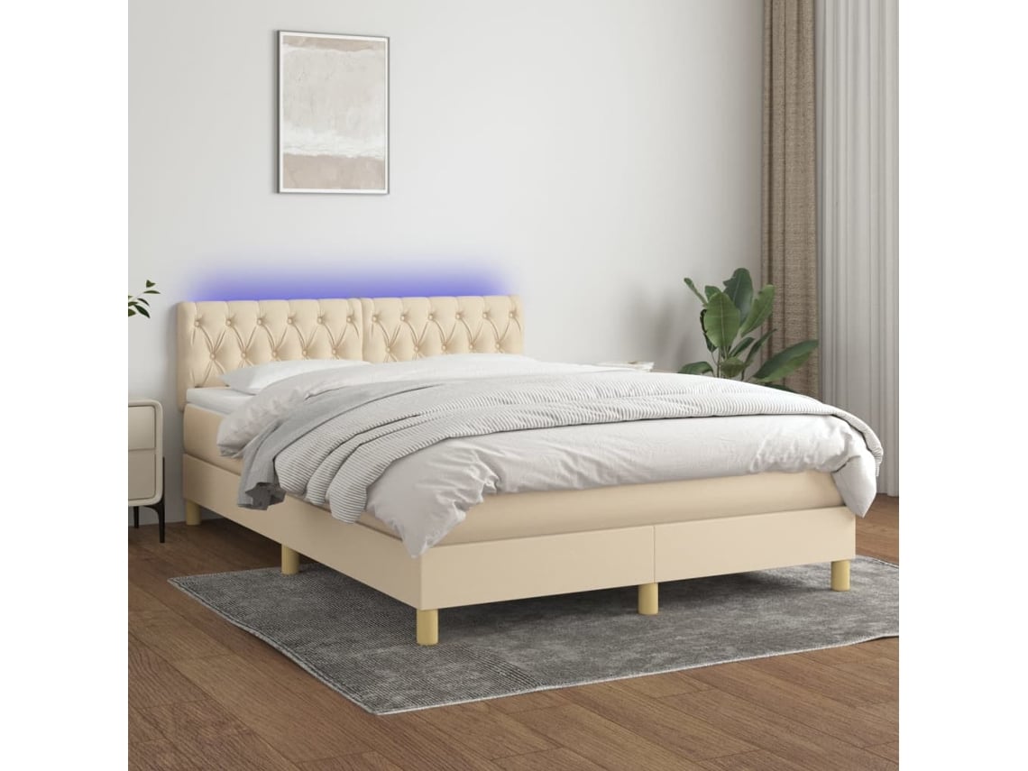 Cama Box Spring Con Colchón Y Led Tela Crema 140x200 Cm