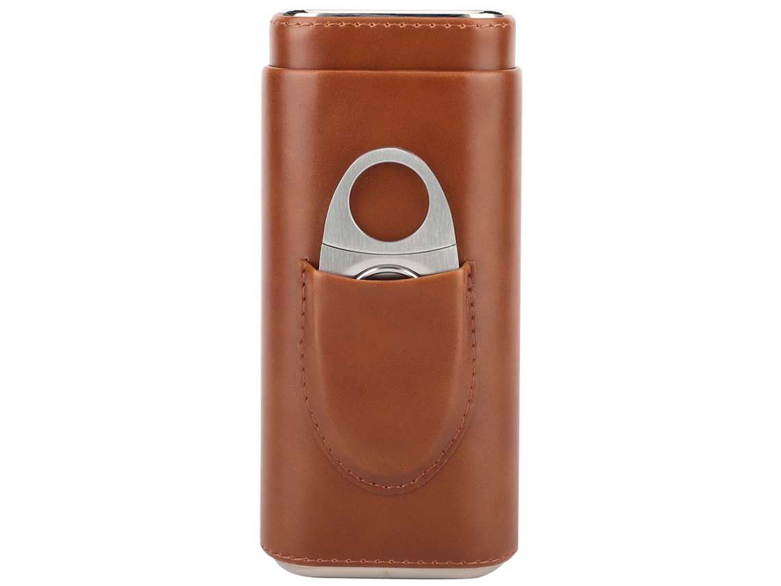 Estuche De Cuero Para Puros Con Madera De Cedro Y Cortador Portátil (3 Puros, Marrón)