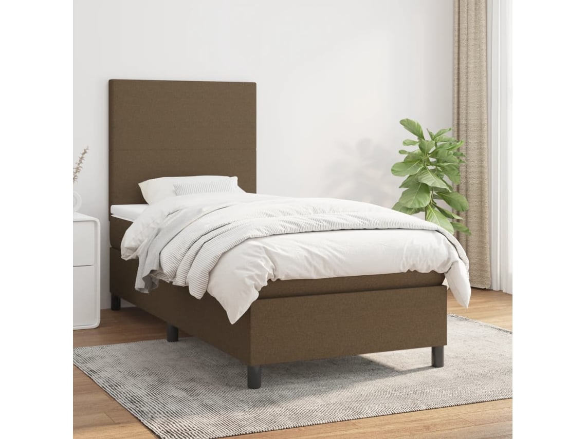 Cama Box Spring Con Colchón Tela Marrón Oscuro 90x190 Cm