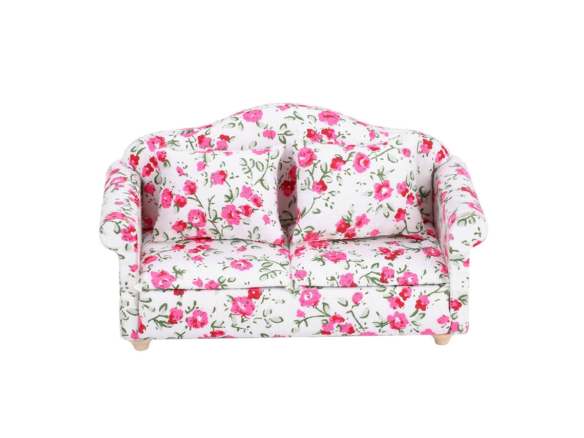 Acessório De Casinha De Bonecas Sofá Duplo Mini Padrão Flor Para Escala 1/12 (2)