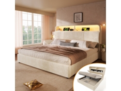 Cama Tapizada 140x190 Cm Terciopelo Beige, Led, Usb-c, Cabecero Ajustable, Somier De Láminas, Sin Colchón.