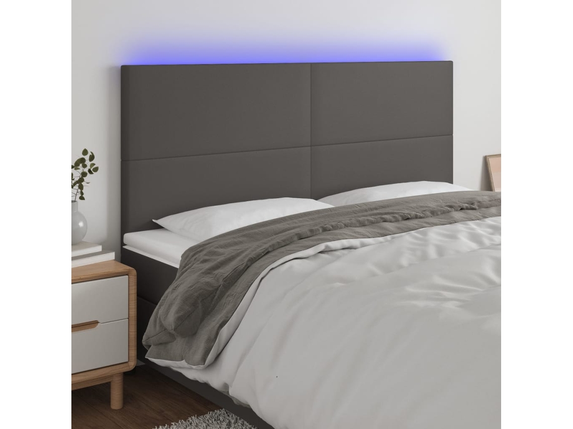 Cabecero Con Luces Led Cuero Sintético Gris 200x5x118/128 Cm