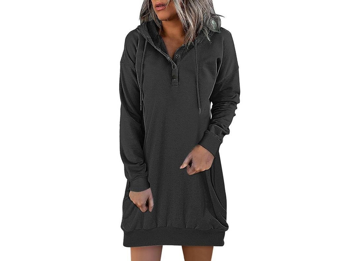 Vestido Rebe liso para mujer, ideal para invierno y otoño, con capucha, mangas largas, largo corto, talla XXL, color negro.