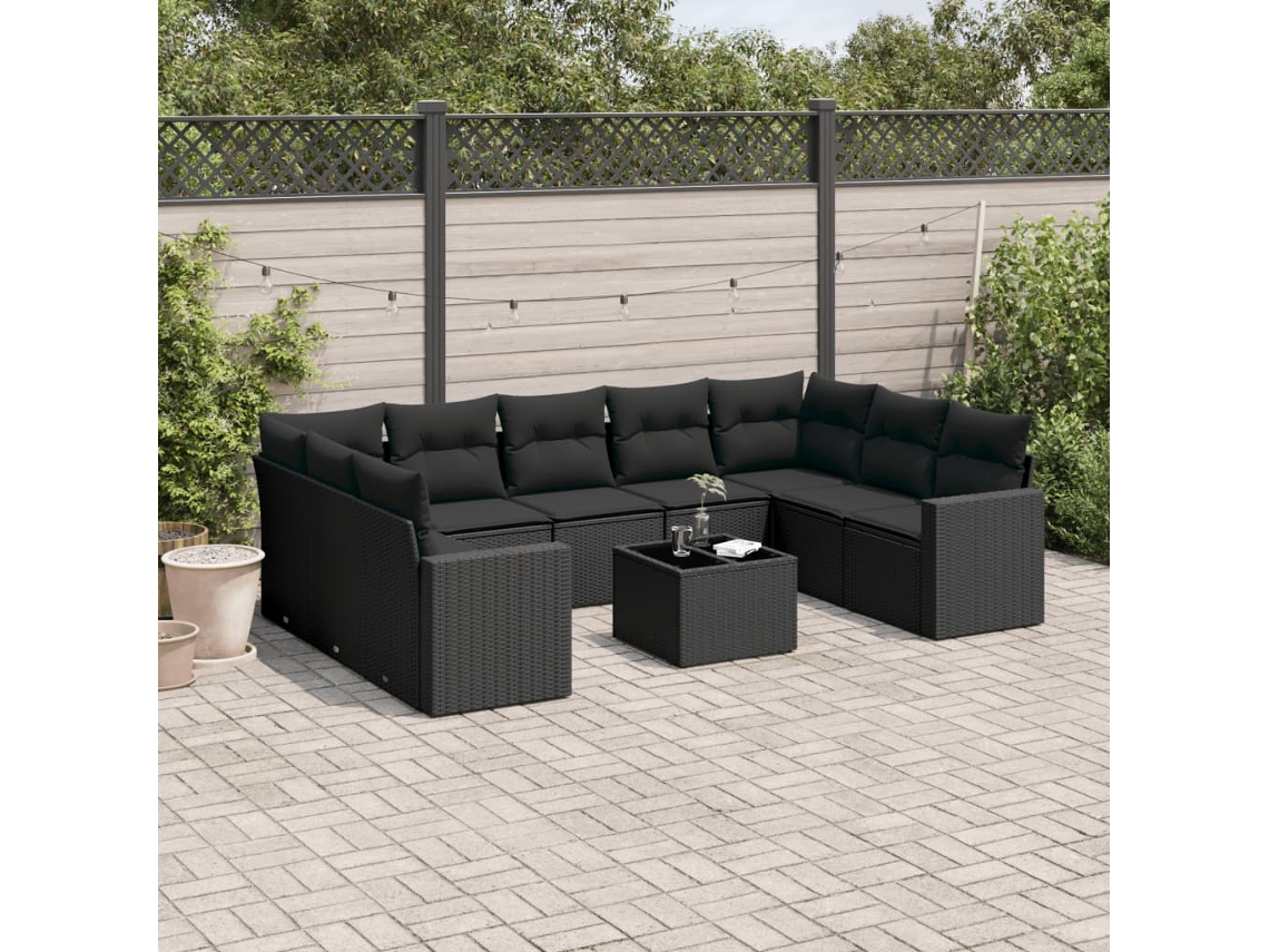 Conjunto de sofá de jardín de 10 piezas con cojines en mimbre sintético negro de DKD Home Decor