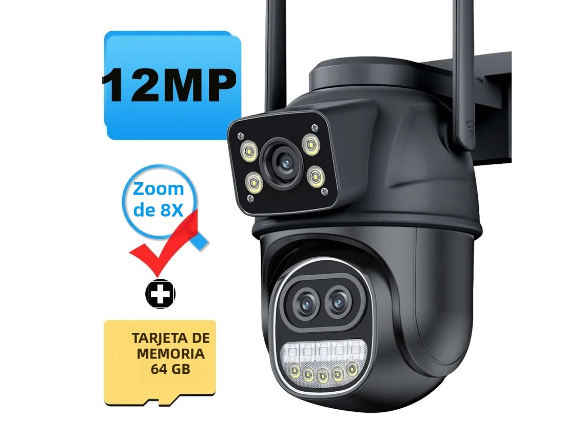 Cámara de seguridad exterior Mdug de 12 MP, 6K, 64 GB de memoria, Wi-Fi, pantalla dual, lente con zoom de 8 megapíxeles
