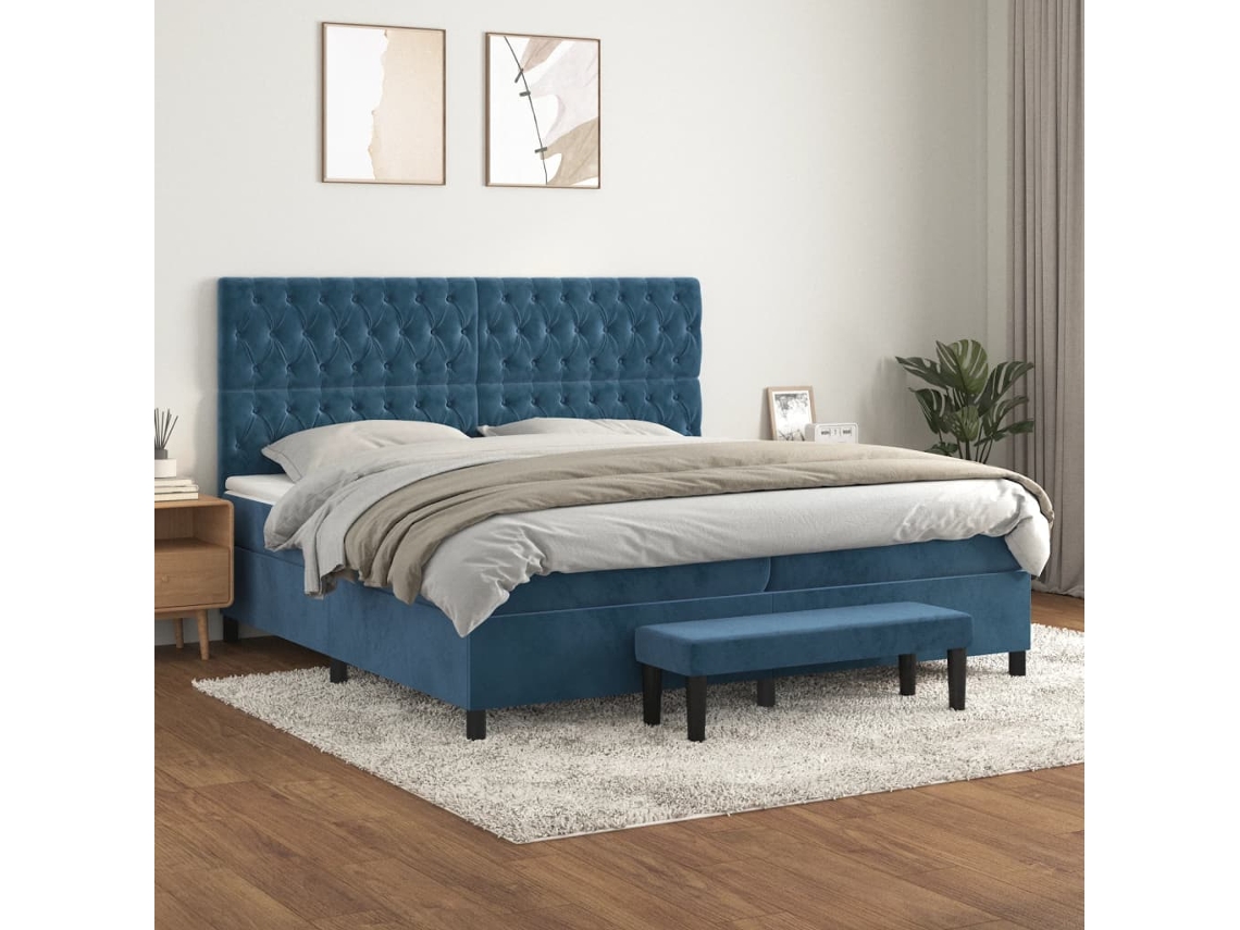 Cama Box Spring Con Colchón Terciopelo Azul Oscuro 200x200 Cm