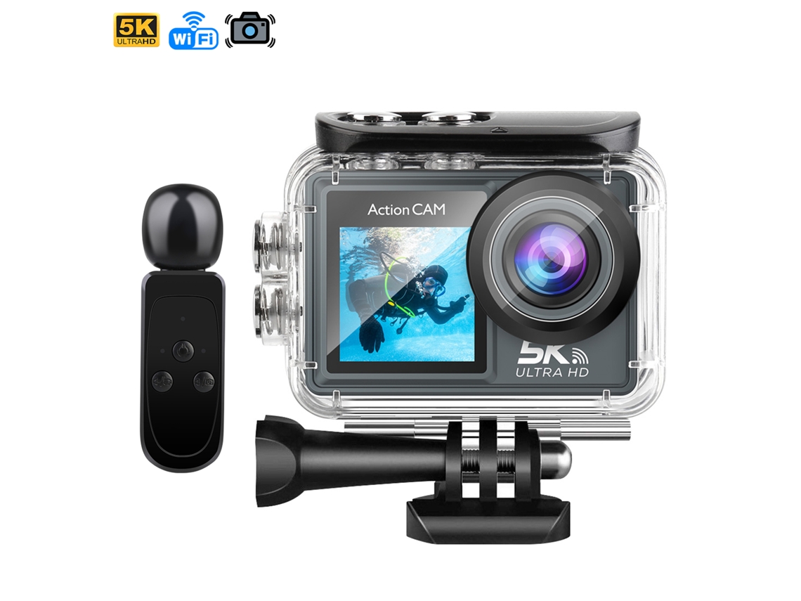 Cámara deportiva TRW M40 5K 30fps con 47,5MP, pantalla dual de 2" y 1,3", estabilizador de imagen y multitud de accesorios.