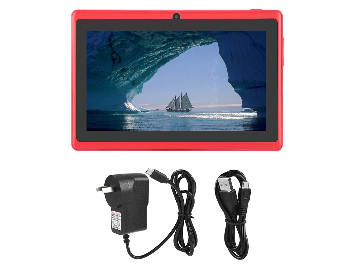 Tableta compacta mini HD de 7,8 GB con cuatro núcleos, Wi-Fi, Bluetooth y Android en rojo y dorado.