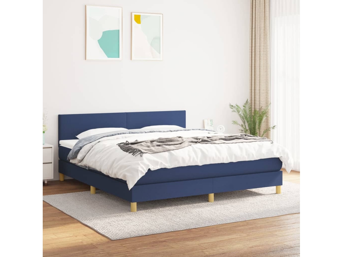 Cama Box Spring Con Colchón Tela Azul 180x200 Cm
