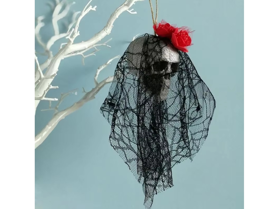 Decoración de calavera de Halloween, adorno colgante de espuma con cabeza de hueso y atuendo de novia, accesorio espeluznante rojo Viewleaf
