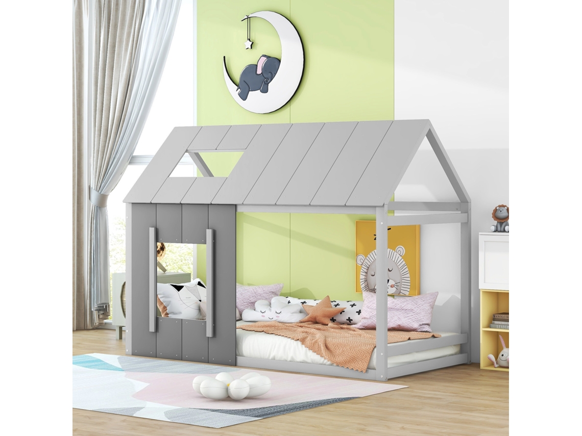 Cama Infantil, Estilo Casita, 90x200 Mm, Ventana De Techo Doble, Gris, Dormitorio Moderno.