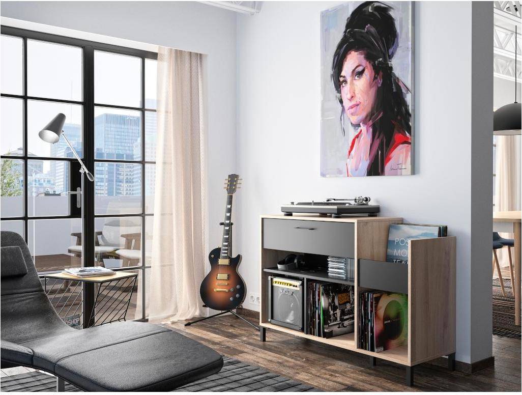 Mueble Vinilos Y tocadiscos jazzy con compartimentos color roble negro ventaunica unique painel de 81x115x40
