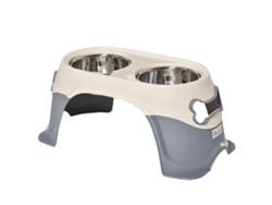 Comedero Doble Elevado Para Perros, De Acero Inoxidable Y Plástico Con Patas Antideslizantes, 47x25x20 Cm, Blanco Y Gris.