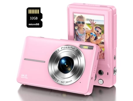 Cámara fotos digital compacta DC403 Nivel de entrada Regalo de cámara para niños FHD 44MP ZOOM 16X Pantalla de 2,4 pulgadas + 32GB - Rosa LKC